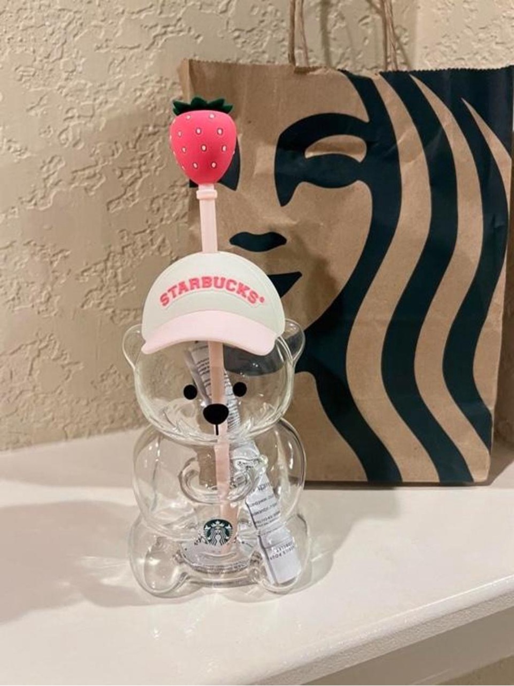 STARBUCKS PINK BEARISTA BEAR CUP STRAWBERRY + HAT Viral Limited Edition